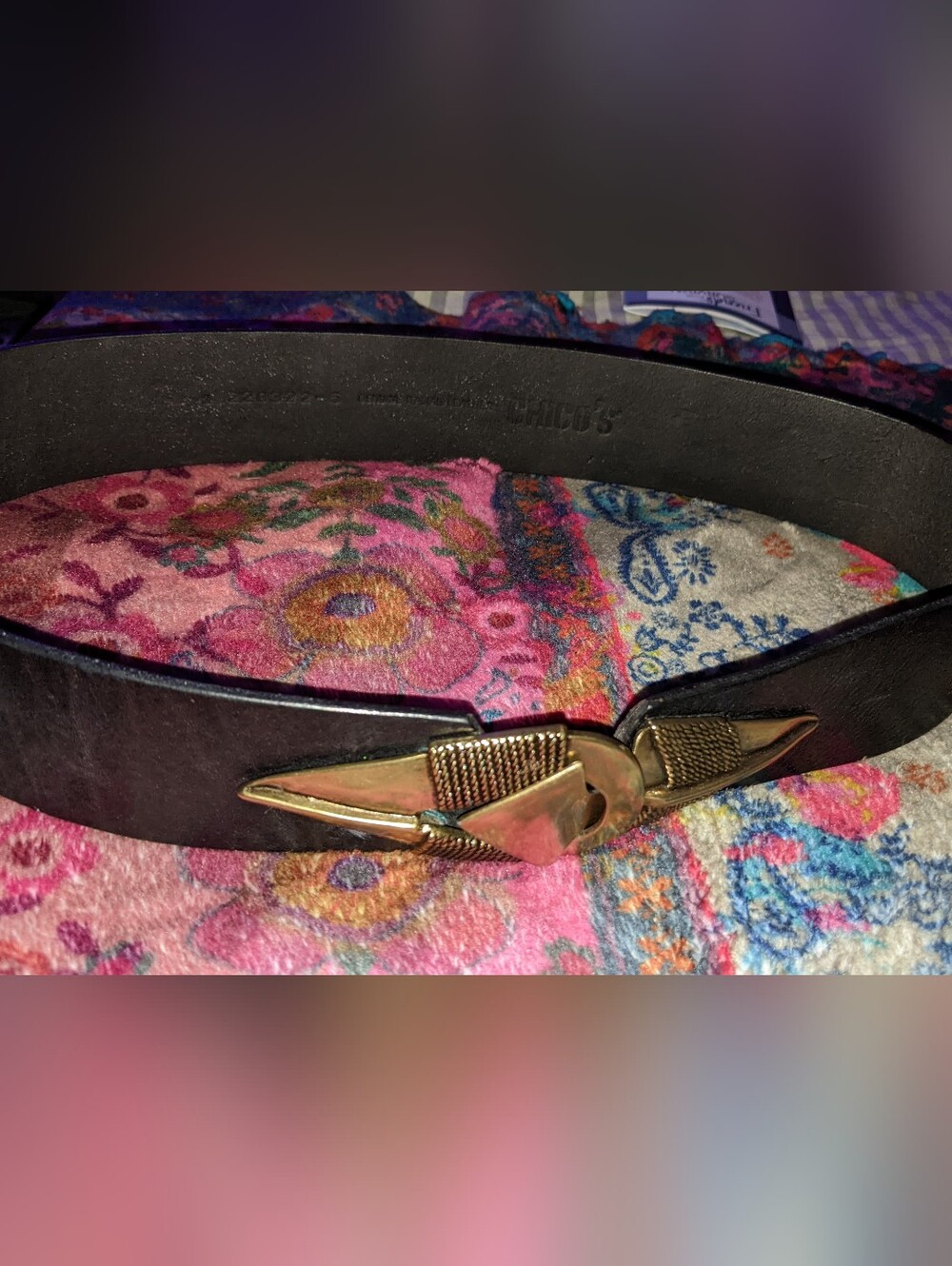 CHICO'S Waist Belt Brass Dagger Buckle Thick Black Leather M/L